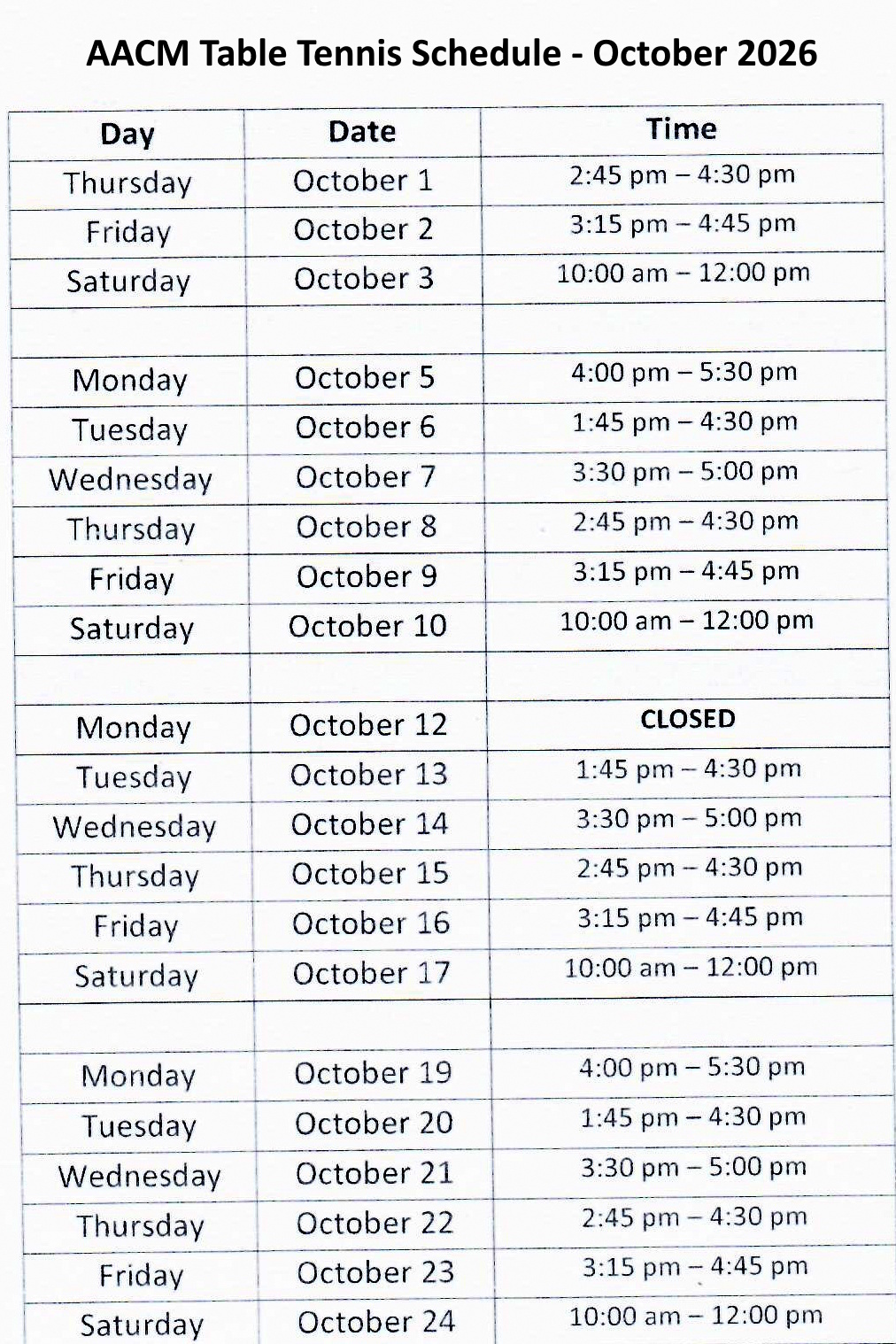 AACM Table Tennis Schedule Oct 2026 image source: AACM